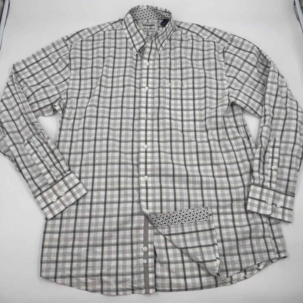 Wrangler George Strait Plaid Shirt Mens Large Grey Black Long Sleeve Button Down